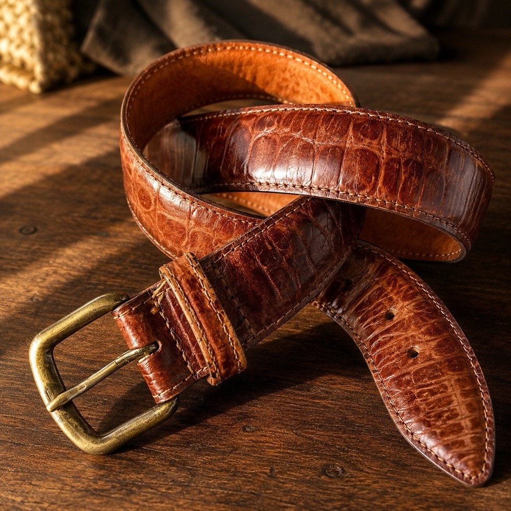 Embossed Croc Leather Belt Brown 1.5" W Brass Buckle Sz Small Adjustable 28"-32"